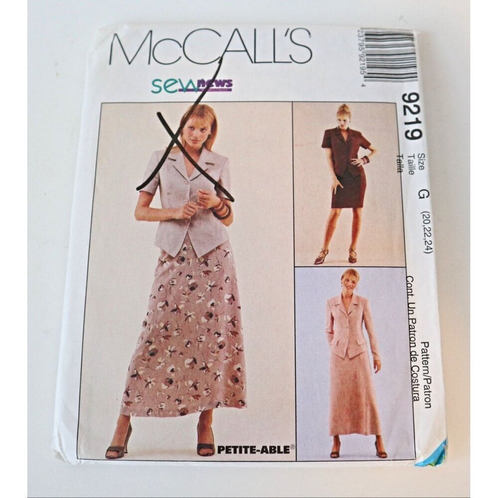 McCall's 9219 Sewing Pattern Misses' Unlined Jacket & Skirts Size 20 22 24 Uncut